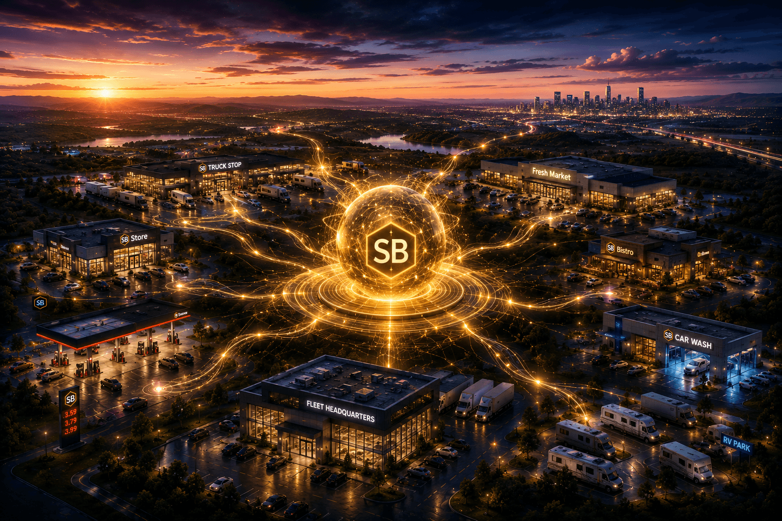 Aerial view of multiple StorBrain-connected businesses including gas station, truck stop, fresh market, bistro, car wash, and fleet headquarters, all linked by golden AI data streams.