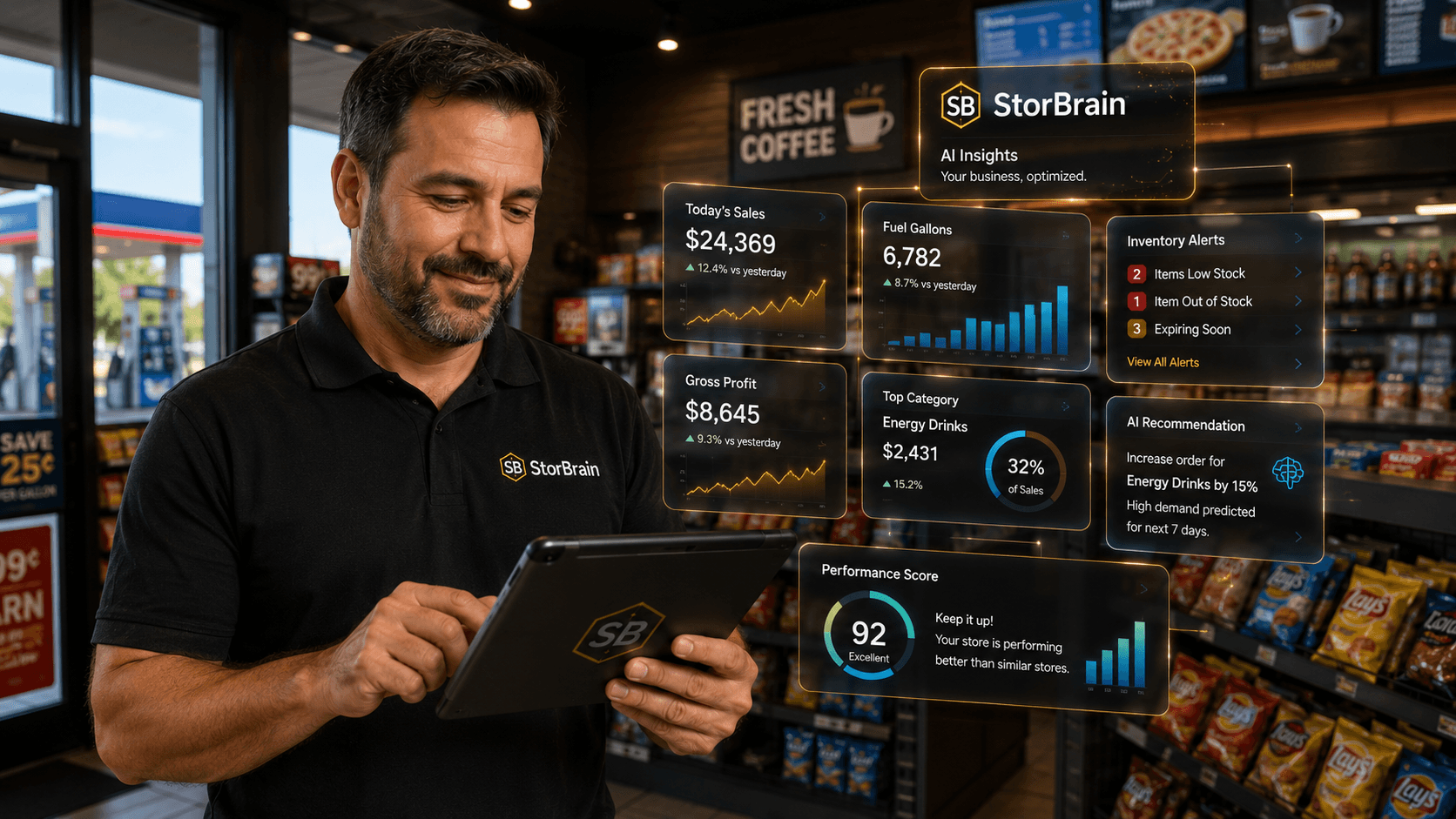 Store owner using StorBrain AI to monitor operations in real time.