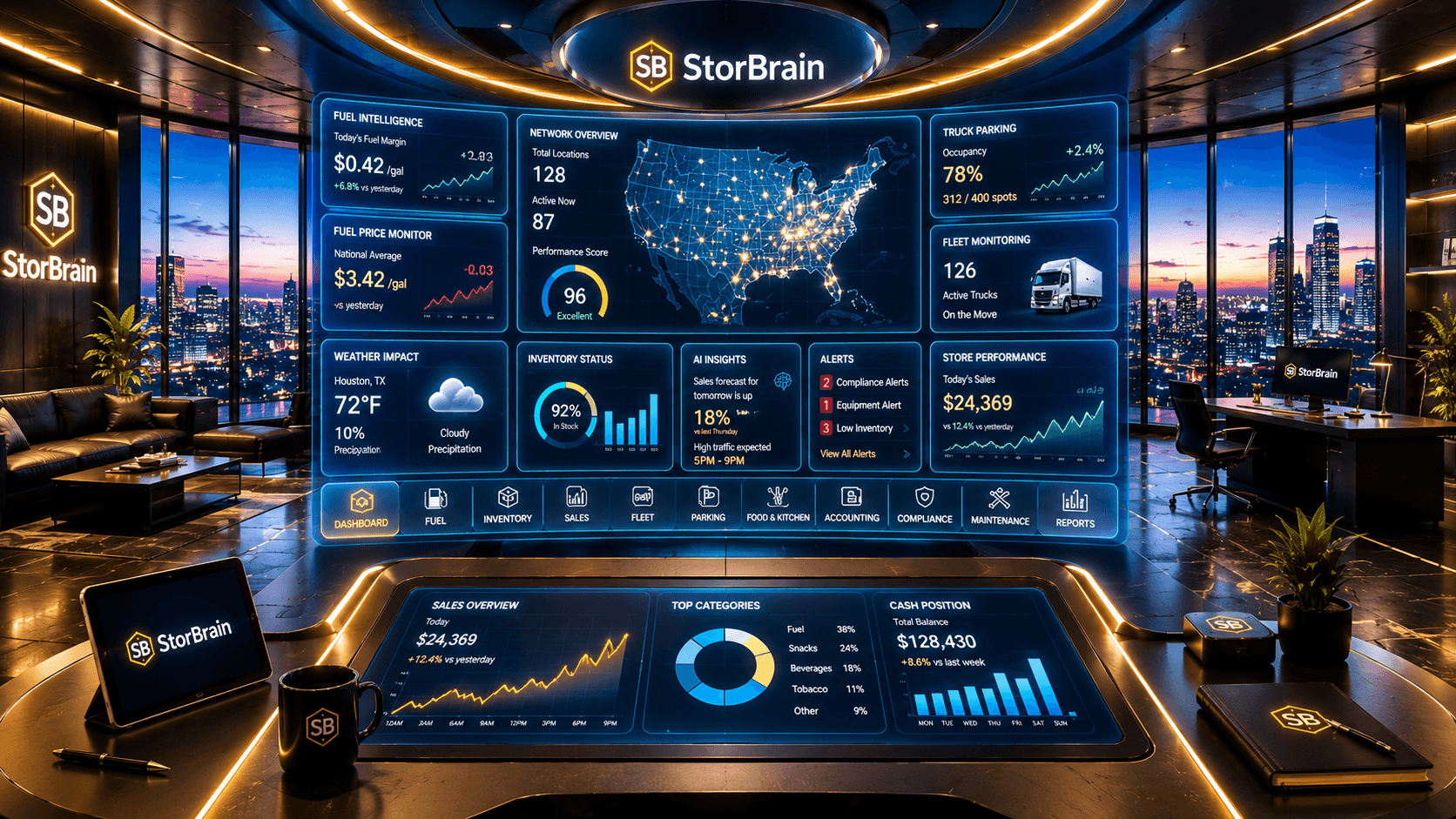 StorBrain AI command center showing real-time fuel intelligence, network overview, inventory status, fleet monitoring, and store performance analytics.